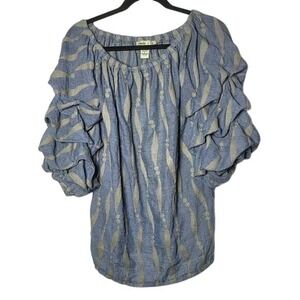 Camille & Co. Womens Blue Chambray Puff Quarter Sleeve Blouse Size Small‎ Casual